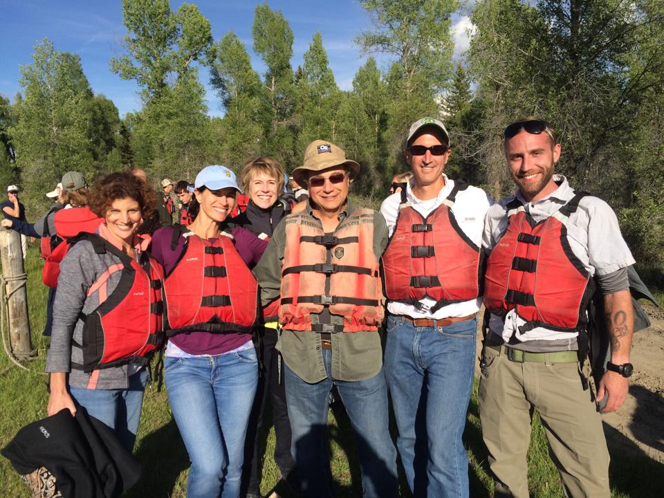 George family members Elizabeth, Mary, Laura, Eli, John, and Elliott prepare for a river float on Wyoming's Snake River.