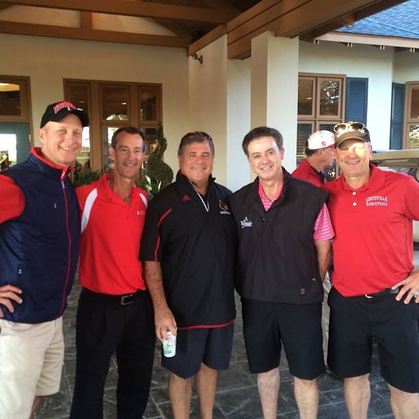 Terry, Chris, and Tim Meiners (far right) with Tom Jurich and Rick Pitino at the Daniel Pitino Foundation golf tournament at Valhalla (Sep 8, 2014)